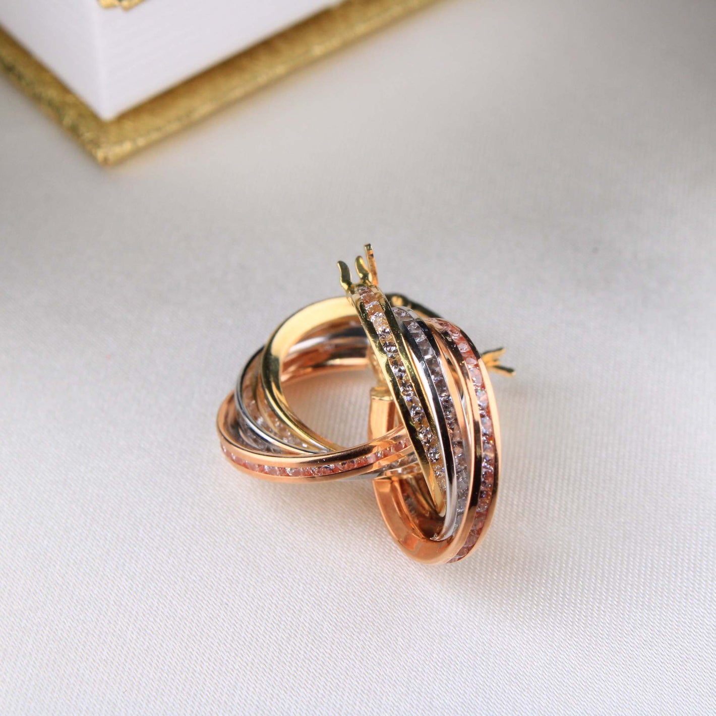 14K Yellow Gold 3 line CZ Hoops