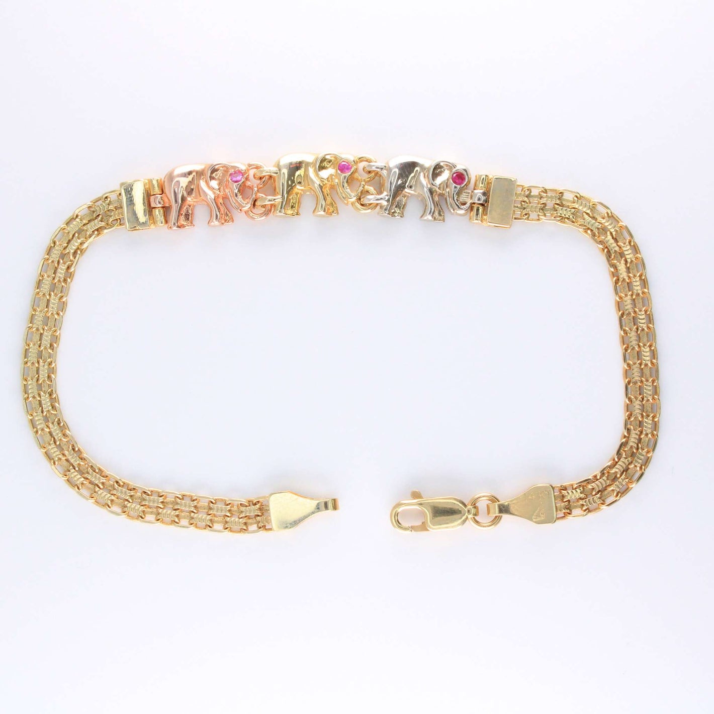 14K Tricolor Gold Elephant CZ  Bracelet 4.5mm 7.5in