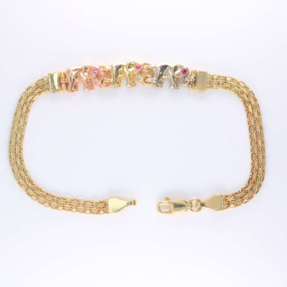 14K Tricolor Gold Elephant CZ  Bracelet 4.5mm 7.5in