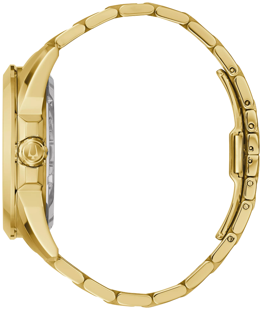 Side profile of the Bulova 97A162, highlighting the gold-tone stainless steel case and the sleek design of the bracelet.