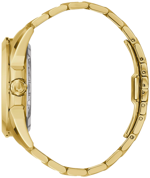Side profile of the Bulova 97A162, highlighting the gold-tone stainless steel case and the sleek design of the bracelet.