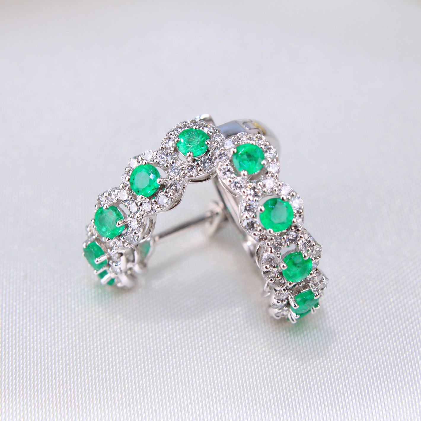 14K White Gold Diamond Emerald Hoops