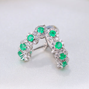 14K White Gold Diamond Emerald Hoops