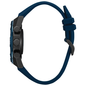 Side profile of the Citizen JX1008-01E showcasing the black ion-plated case and blue silicone strap