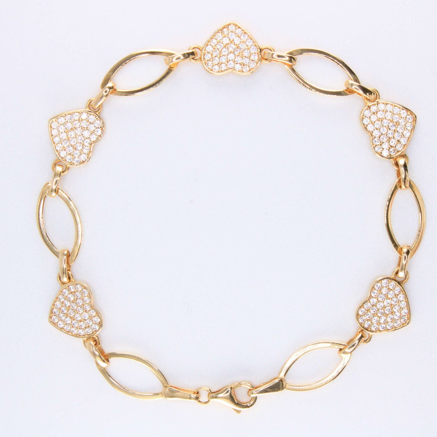 14K Yellow Gold CZ Heart Bracelet 11.8mm 7in
