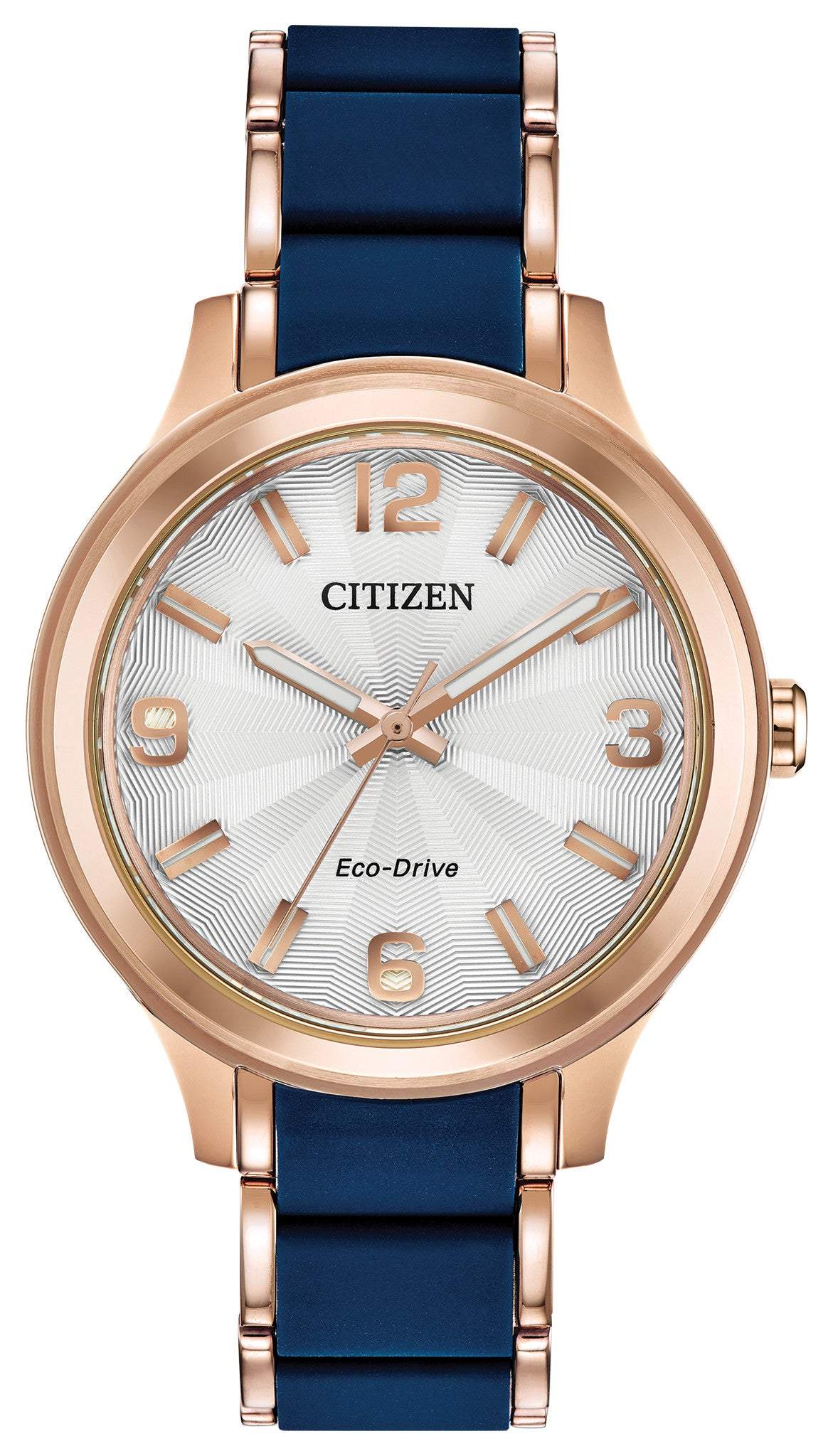 Citizen Drive Eco-Drive Ladies Watch FE7073-71A featuring a 36mm rose gold-tone stainless steel case with blue silicone center links and a silver-tone dial—front view