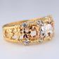 14K Tricolor Gold Good Luck Symbols Ring CZ