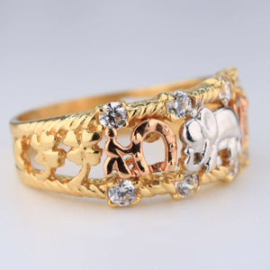 14K Tricolor Gold Good Luck Symbols Ring CZ