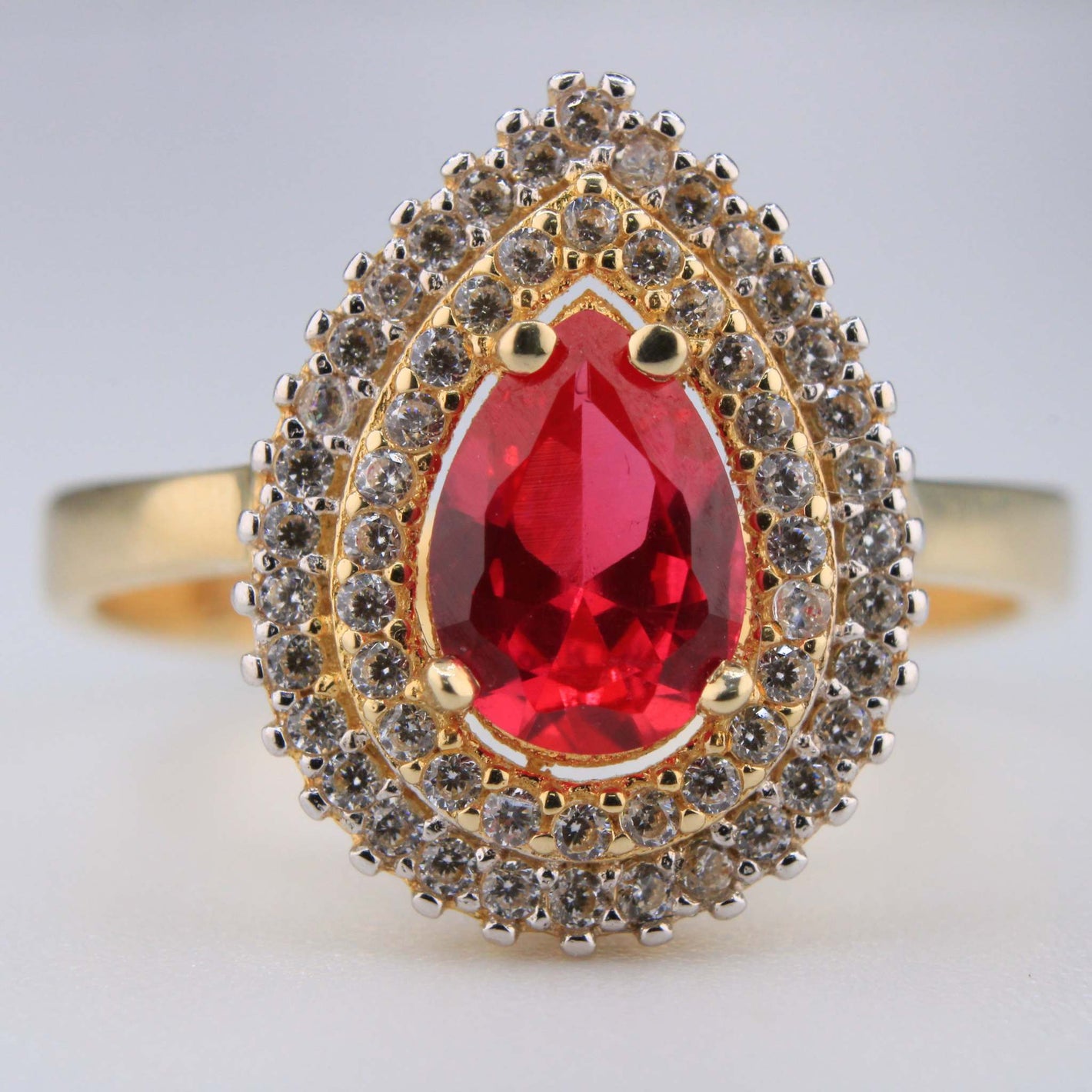 14K Yellow Gold Red Pear Shaped CZ Ring