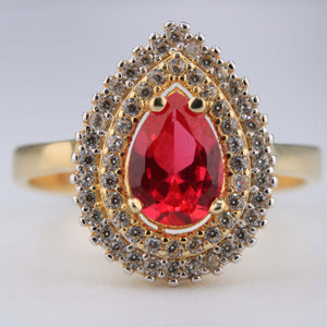 14K Yellow Gold Red Pear Shaped CZ Ring