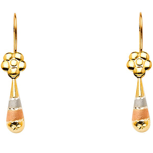 14K Tricolor Gold Flower Tear Drop Earrings