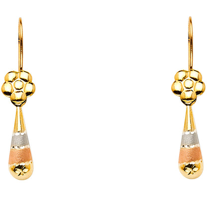 14K Tricolor Gold Flower Tear Drop Earrings