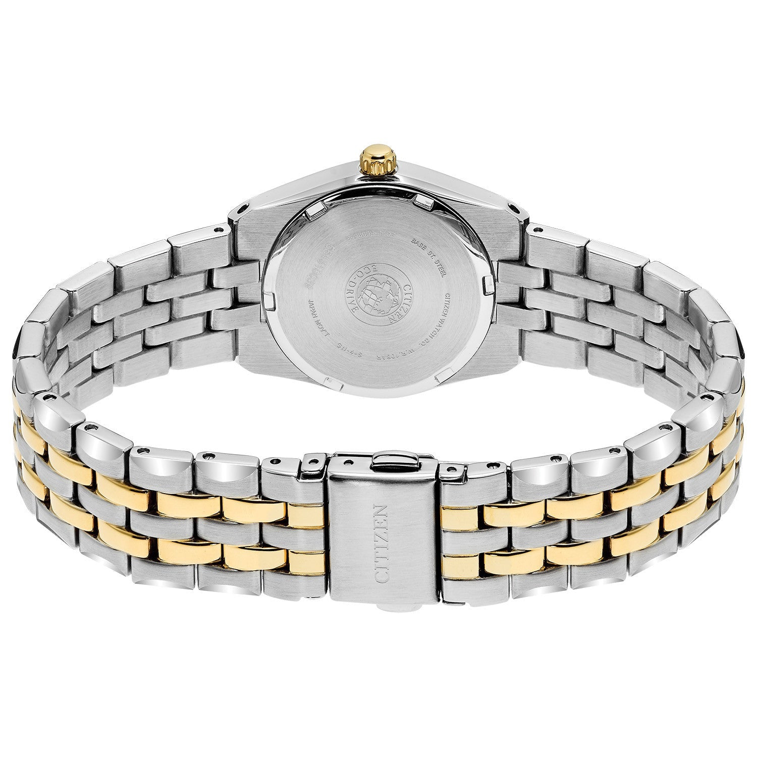  Rear view of the Citizen Corso EW2294-53L, highlighting the stainless steel case back and bracelet clasp.
