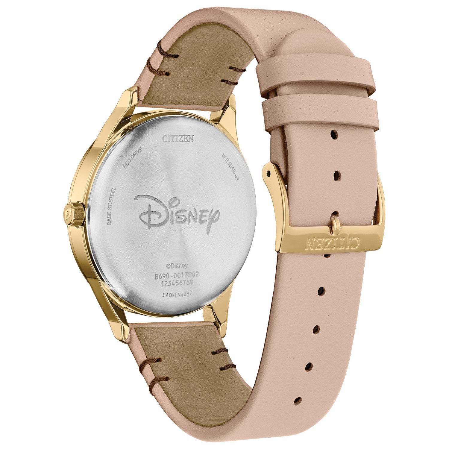 Back view of the Citizen BV1132-08W, displaying the stainless steel case back with Citizen and Disney engravings.