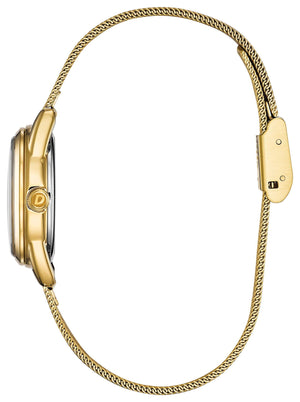 Side profile of the Citizen EM0682-58P showcasing the gold-tone stainless steel bracelet and case.