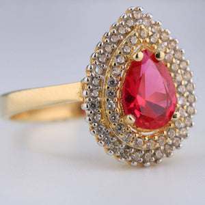 14K Yellow Gold Red Pear Shaped CZ Ring
