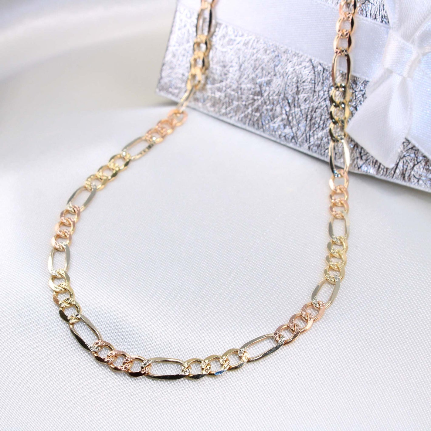 14K Tricolor Gold Figaro Solid Chain 4.5mm 20in