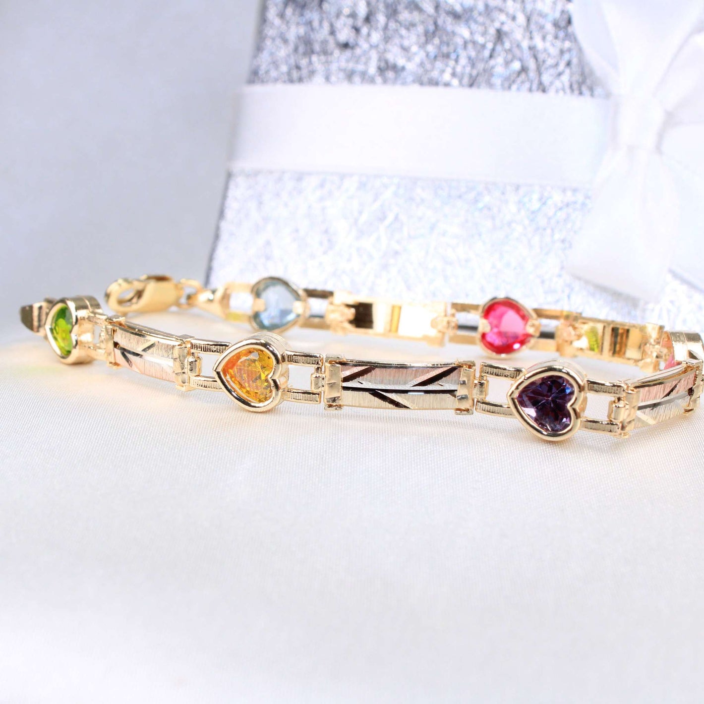 14K Yellow Gold CZ Colorful Heart Bracelet 5mm 7.5in