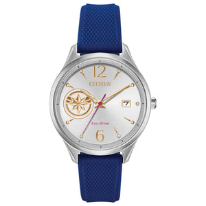 Citizen FE6101-05W Captain Marvel watch featuring a silver-tone stainless steel case, silver dial with gold-tone accents, and blue silicone strap—front view.