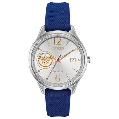 Citizen FE6101-05W Captain Marvel watch featuring a silver-tone stainless steel case, silver dial with gold-tone accents, and blue silicone strap—front view.