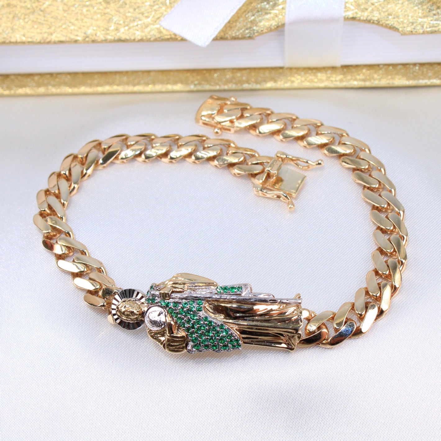 14K Yellow Gold CZ St Jude Bracelet 7mm 8.5in