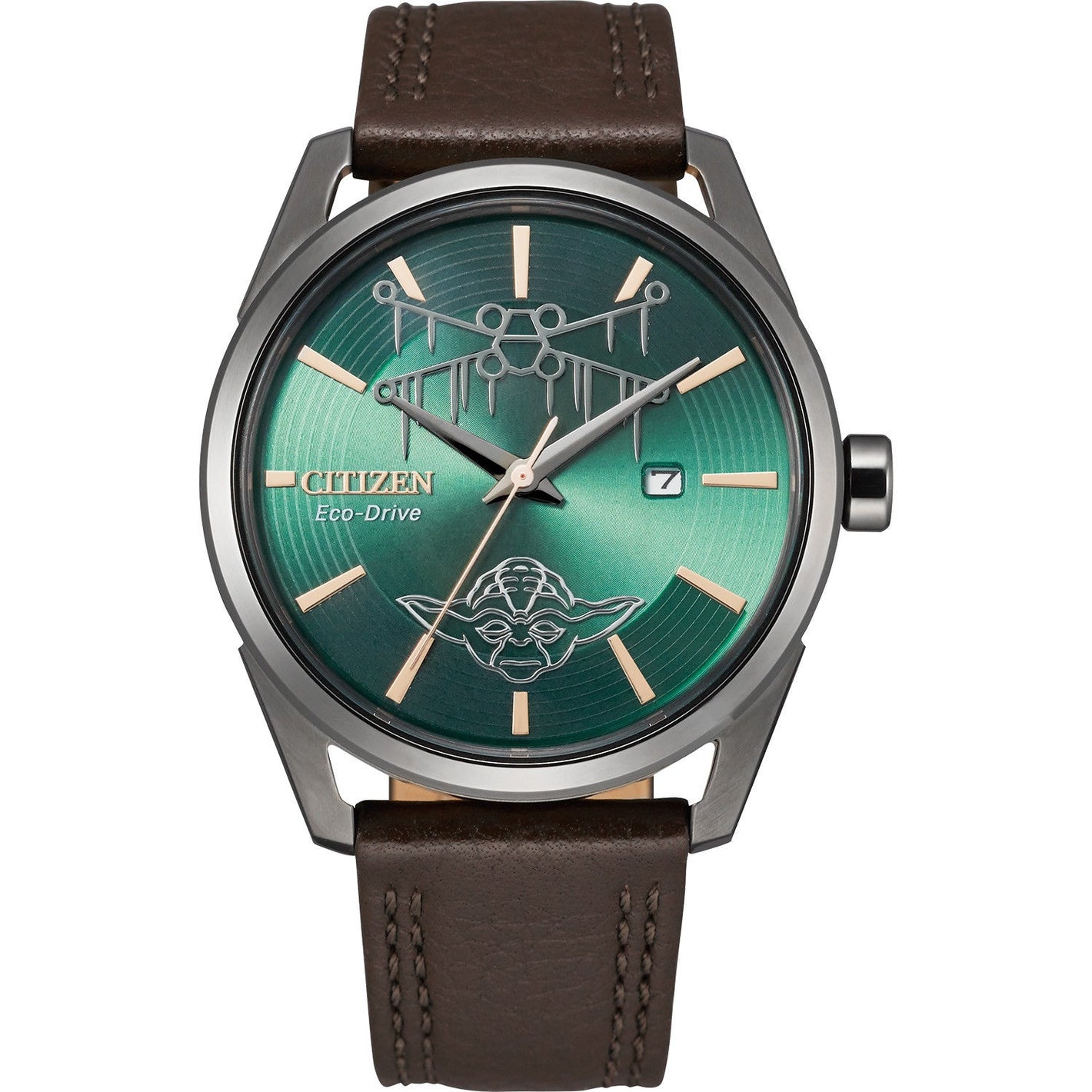 Citizen BM7417-01W Star Wars Dagobah watch featuring a green dial with a swamp grass-covered X-wing and Yoda engraving, housed in a 42mm gray ion-plated stainless steel case with a dark brown textured leather strap—front view.