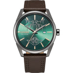 Citizen BM7417-01W Star Wars Dagobah watch featuring a green dial with a swamp grass-covered X-wing and Yoda engraving, housed in a 42mm gray ion-plated stainless steel case with a dark brown textured leather strap—front view.