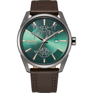 Citizen BM7417-01W Star Wars Dagobah watch featuring a green dial with a swamp grass-covered X-wing and Yoda engraving, housed in a 42mm gray ion-plated stainless steel case with a dark brown textured leather strap—front view.