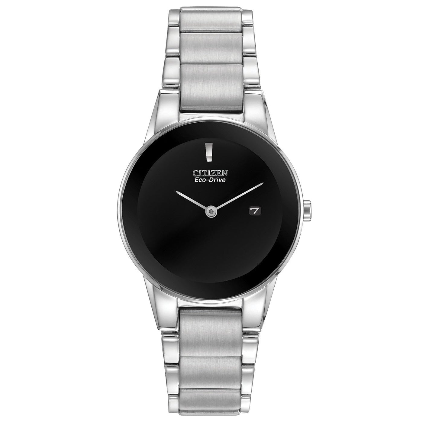 Citizen GA1050-51E Eco-Drive watch with black dial, silver-tone 30mm stainless steel case and minimalist hour marker—front view.