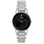 Citizen GA1050-51E Eco-Drive watch with black dial, silver-tone 30mm stainless steel case and minimalist hour marker—front view.