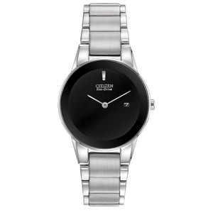Citizen GA1050-51E Eco-Drive watch with black dial, silver-tone 30mm stainless steel case and minimalist hour marker—front view.