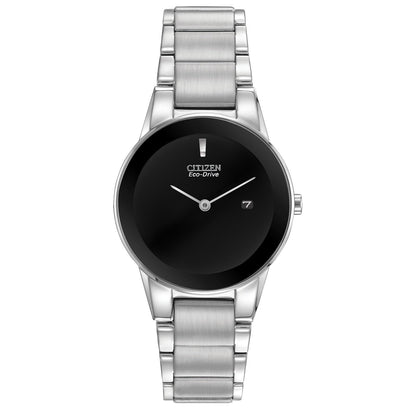 Citizen GA1050-51E Eco-Drive watch with black dial, silver-tone 30mm stainless steel case and minimalist hour marker—front view.