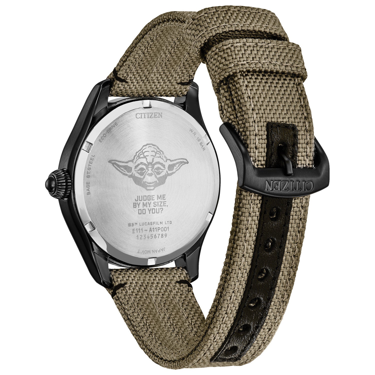 Close-up of the buckle clasp on the Citizen Star Wars™ Yoda Eco-Drive Watch BM6839-06W.