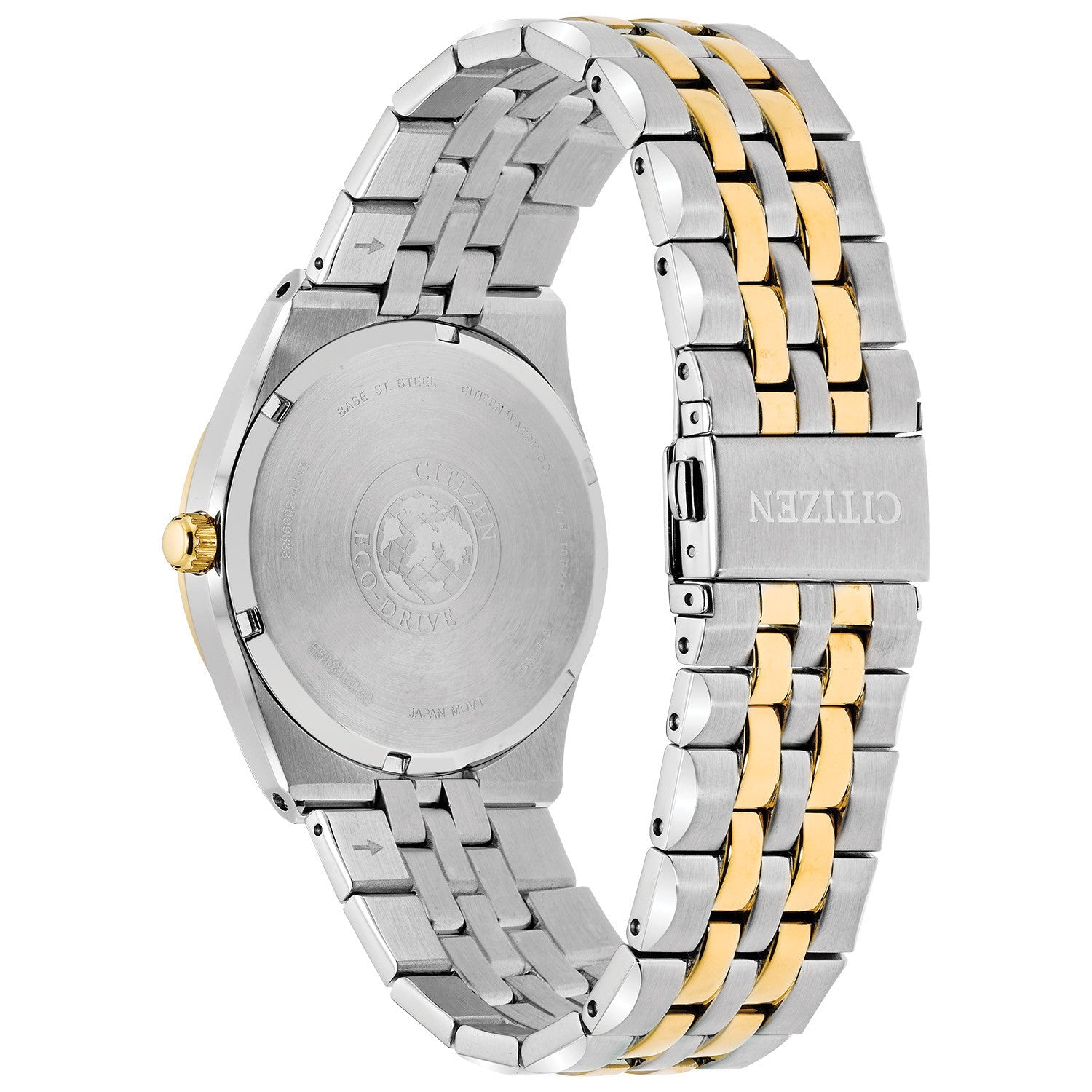  Rear view of the Citizen Corso BM7334-58L, highlighting the stainless steel case back and bracelet clasp.