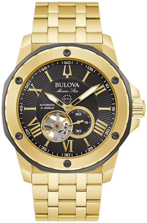 Bulova 97B168 Marine Star Chronograph featuring a blue dial with gold-tone accents and luminous hands—front view.