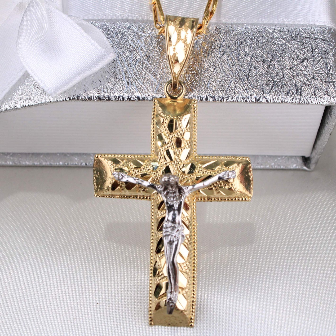 14K Two-Tone Gold Nugget Cross Charm