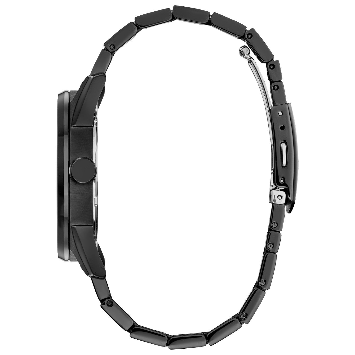 Side profile of Citizen BM6987-50W showcasing the black stainless steel case and textured crown.