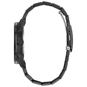 Side profile of Citizen BM6987-50W showcasing the black stainless steel case and textured crown.