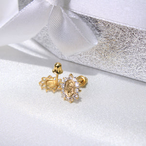 14K Yellow Gold CZ Virgin Mary Earrings