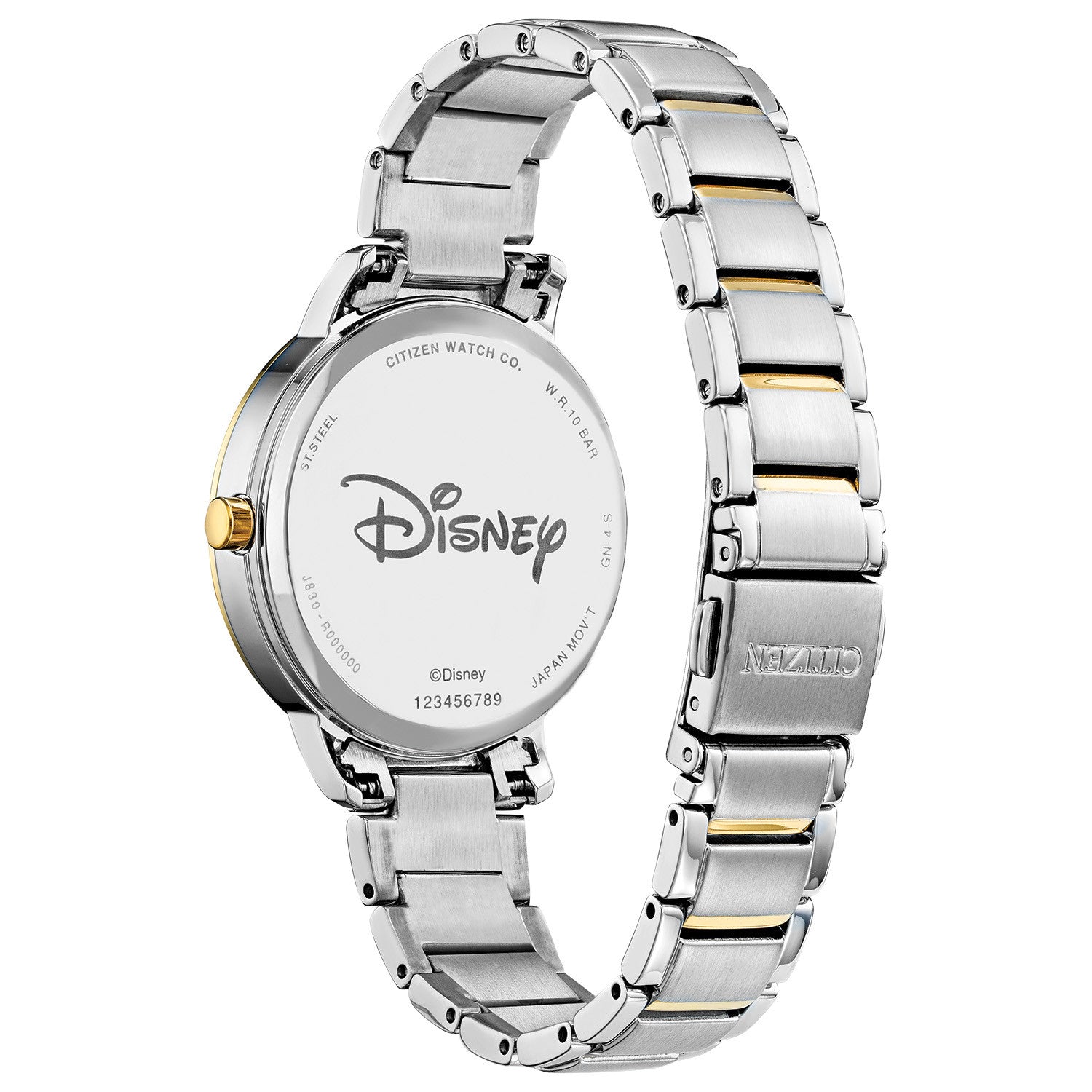 Back view of the Citizen FE7044-52W, displaying the stainless steel case back with Citizen and Disney engravings.