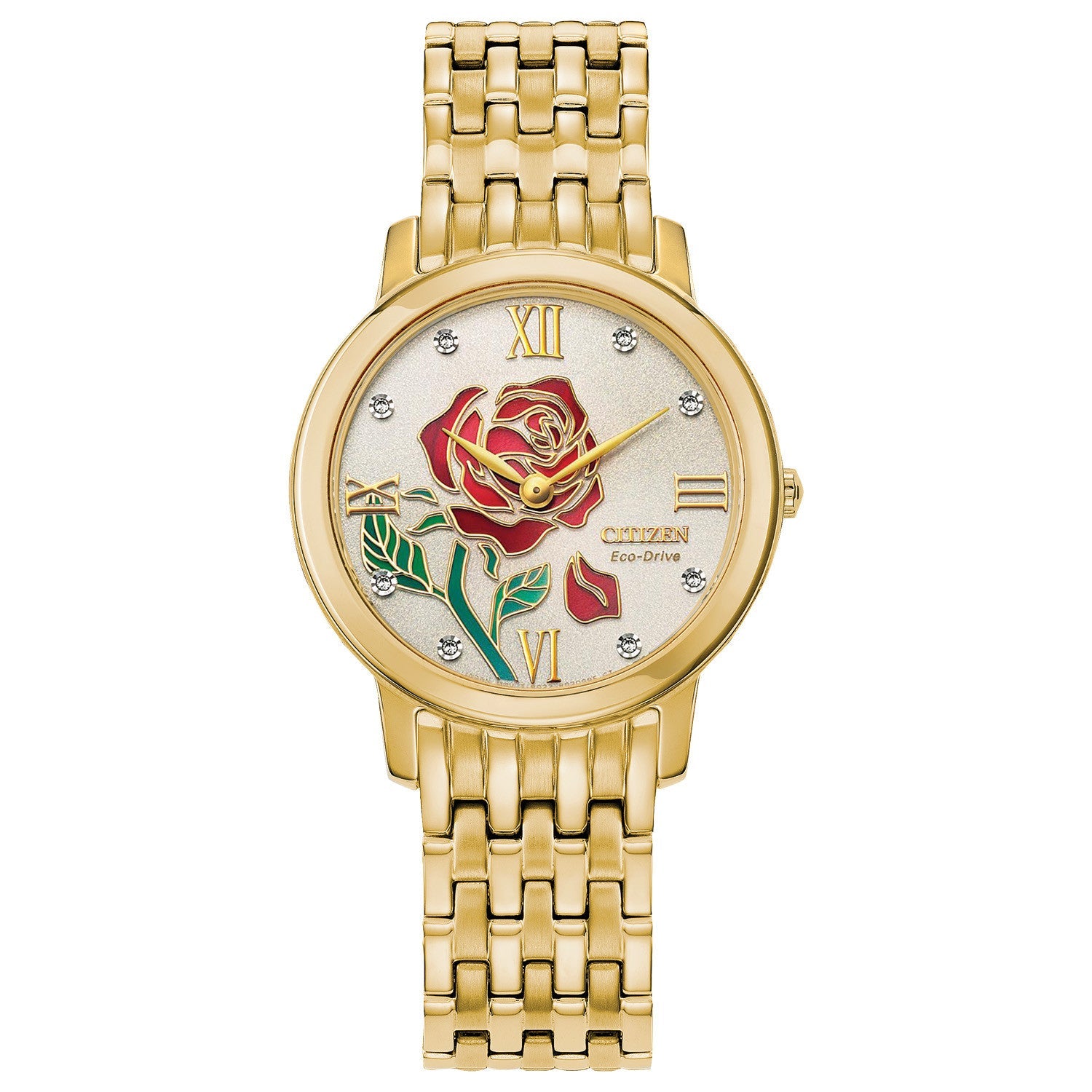 Citizen Disney Belle Diamond Accent Women's Watch EX1492-59W featuring a 30mm gold-tone stainless steel case with a champagne dial—front view
