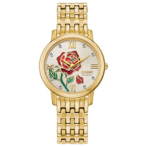 Citizen Disney Belle Diamond Accent Women's Watch EX1492-59W featuring a 30mm gold-tone stainless steel case with a champagne dial—front view