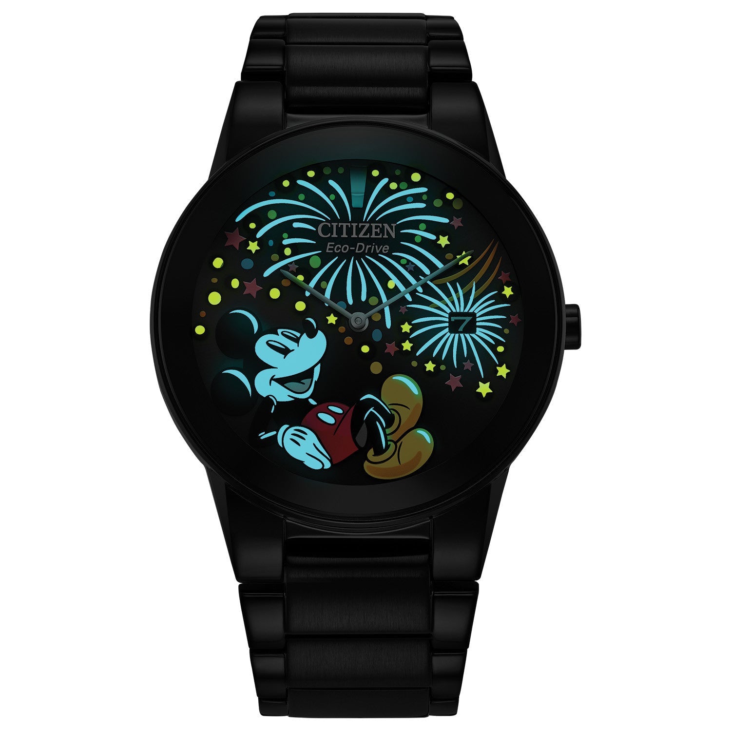 Citizen Disney Mickey Fiesta Unisex Watch AU1095-57W featuring a 40mm black stainless steel case with a black dial—front view
