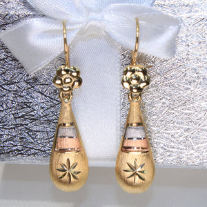 14K Yellow Gold Flower Tear Drop Earrings