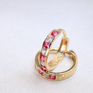14K Yellow Gold Red And White CZ Hoops