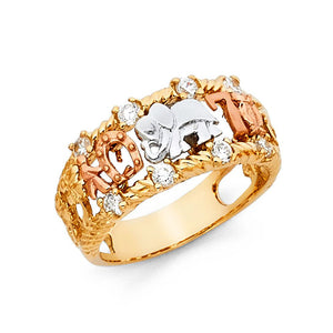 14K Tricolor Gold Good Luck Symbols Ring CZ
