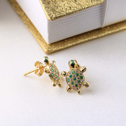 14K Yellow Gold CZ Turtle Earrings