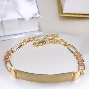 14K Tricolor Gold Solid Figaro Link ID Bracelet 6.5mm 7.5in