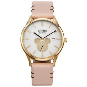 Citizen BV1132-08W watch featuring an ivory sunray dial with Mickey Mouse silhouette cut-out, 40mm gold-tone stainless steel case, and pink leather strap—front view.