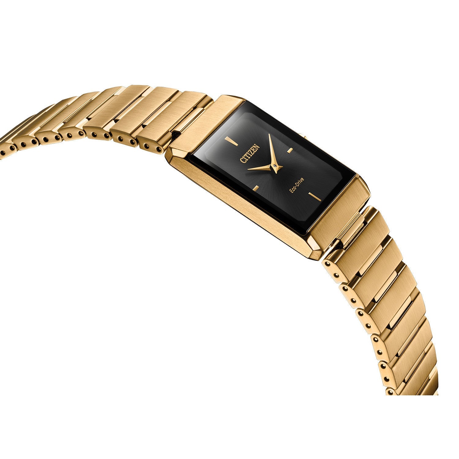 Side profile of the Citizen Stiletto EG6012-59E, showcasing its ultra-thin 5.06mm gold-tone case and sleek design.